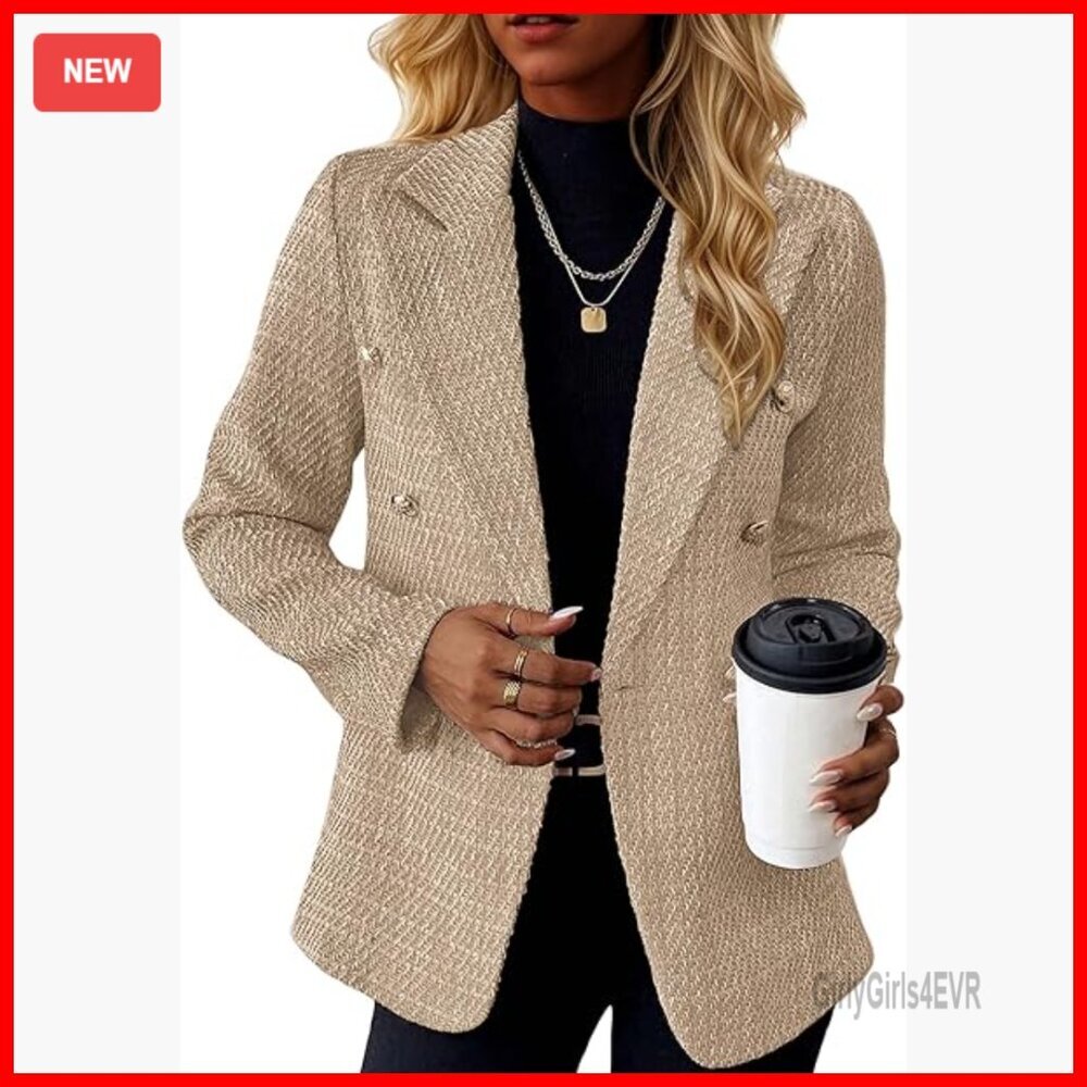Women's Tweed Blazer Jacket Double-Breasted Fully Lined Slim Fit Office Wear